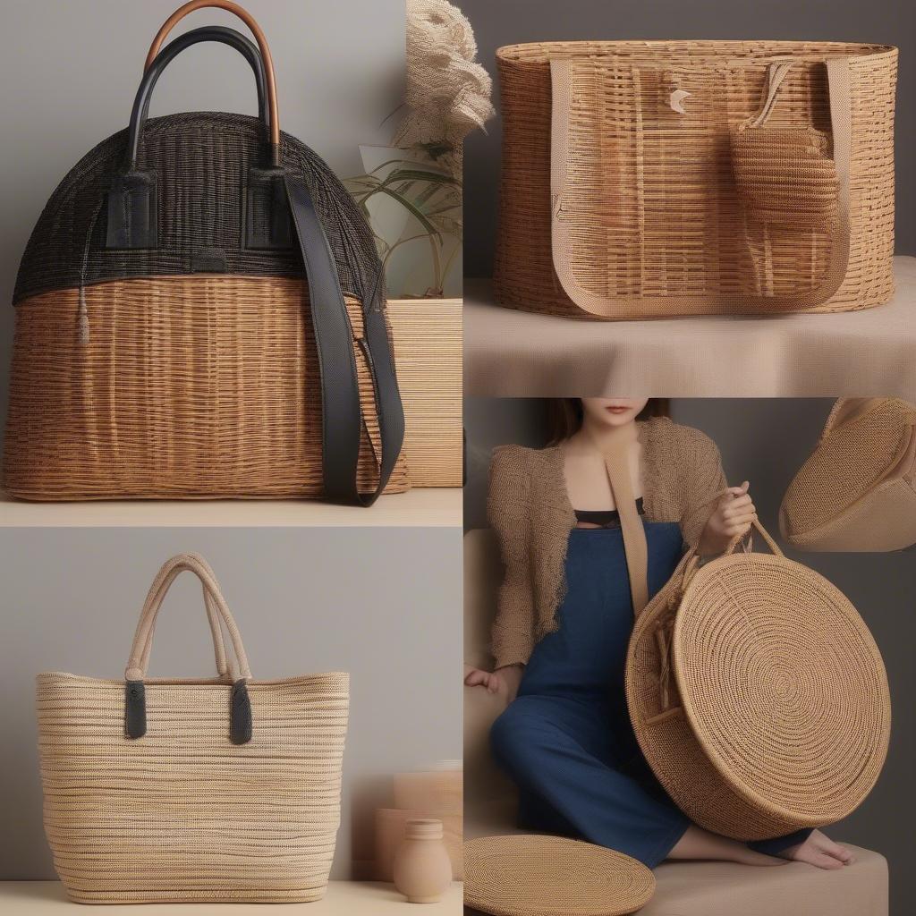 A collection of various styles and sizes of wholesale rattan woven bags showcasing their natural beauty and intricate weaving patterns.