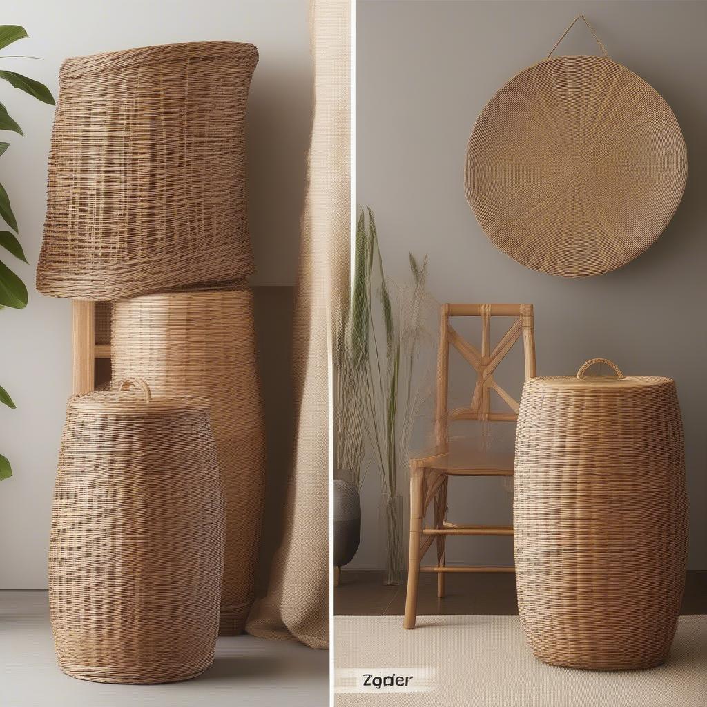 Side-by-side comparison of wicker and rattan materials used in basket weaving.