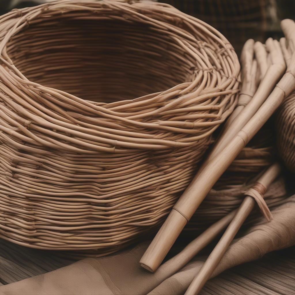 Various wicker and rattan materials used in crafting Shanghai frog boxes.