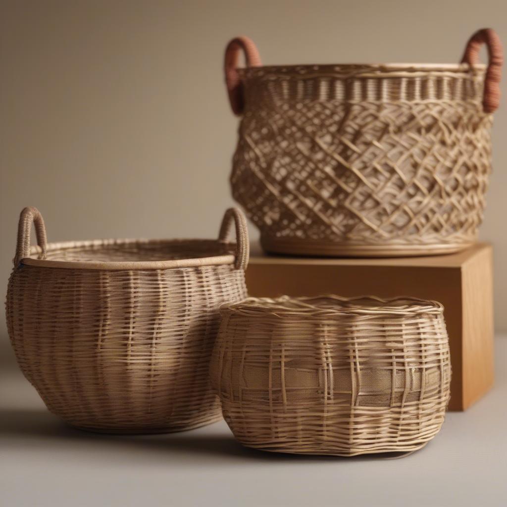 Close-up of wicker and rattan mini open weave baskets showing texture and weaving details