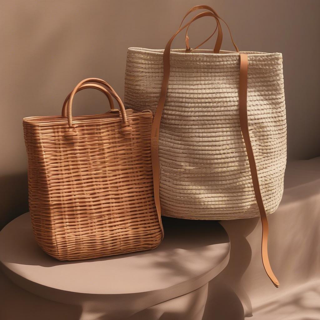 Comparison of wicker and rattan tote bags, highlighting their unique textures and characteristics