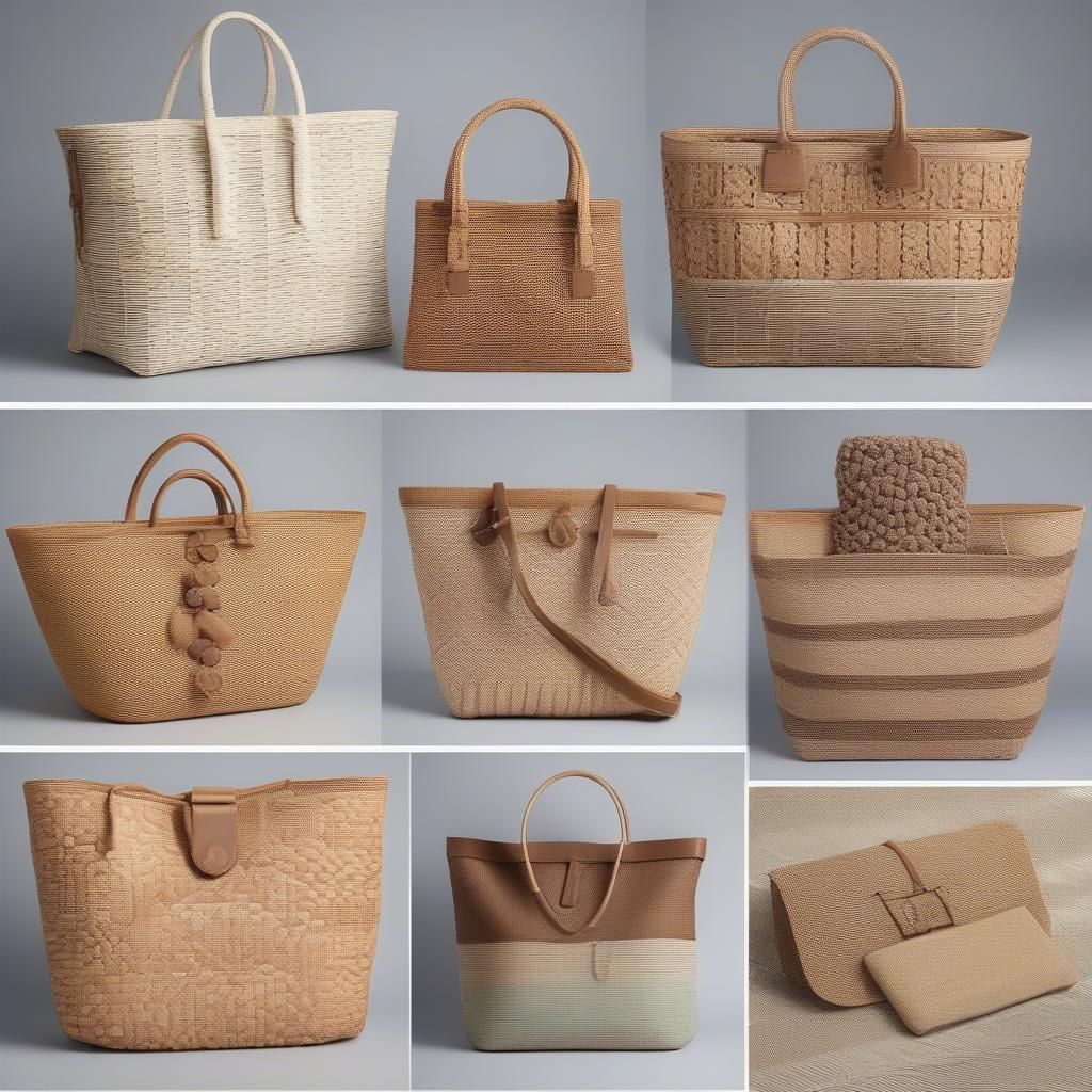 Different bag styles incorporating woven wicker mats, including totes, clutches, shoulder bags, and beach bags.