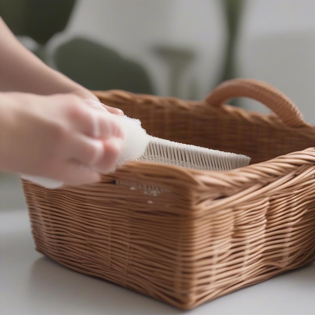 Cleaning a wicker basket with a soft brush and mild soap solution