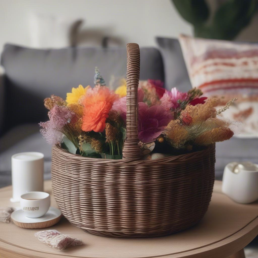 Wicker basket filled with colorful flowers as a centerpiece in a cozy living room