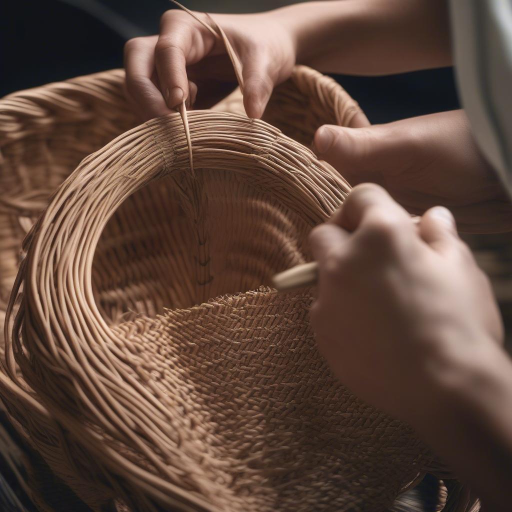 Close-up of wicker basket weaving technique