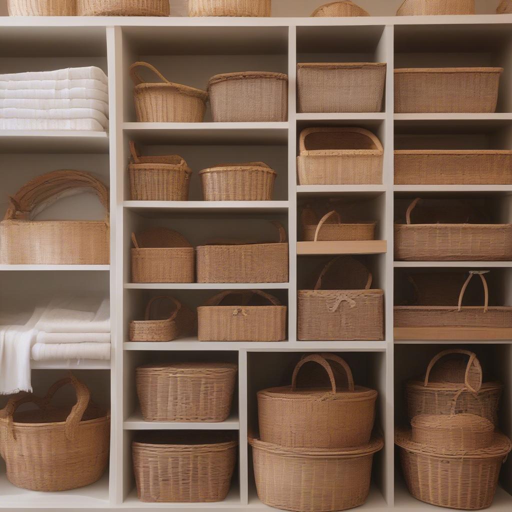 Wicker baskets displayed in a brightly lit Wisconsin boutique, showcasing various sizes, shapes, and weaving patterns.