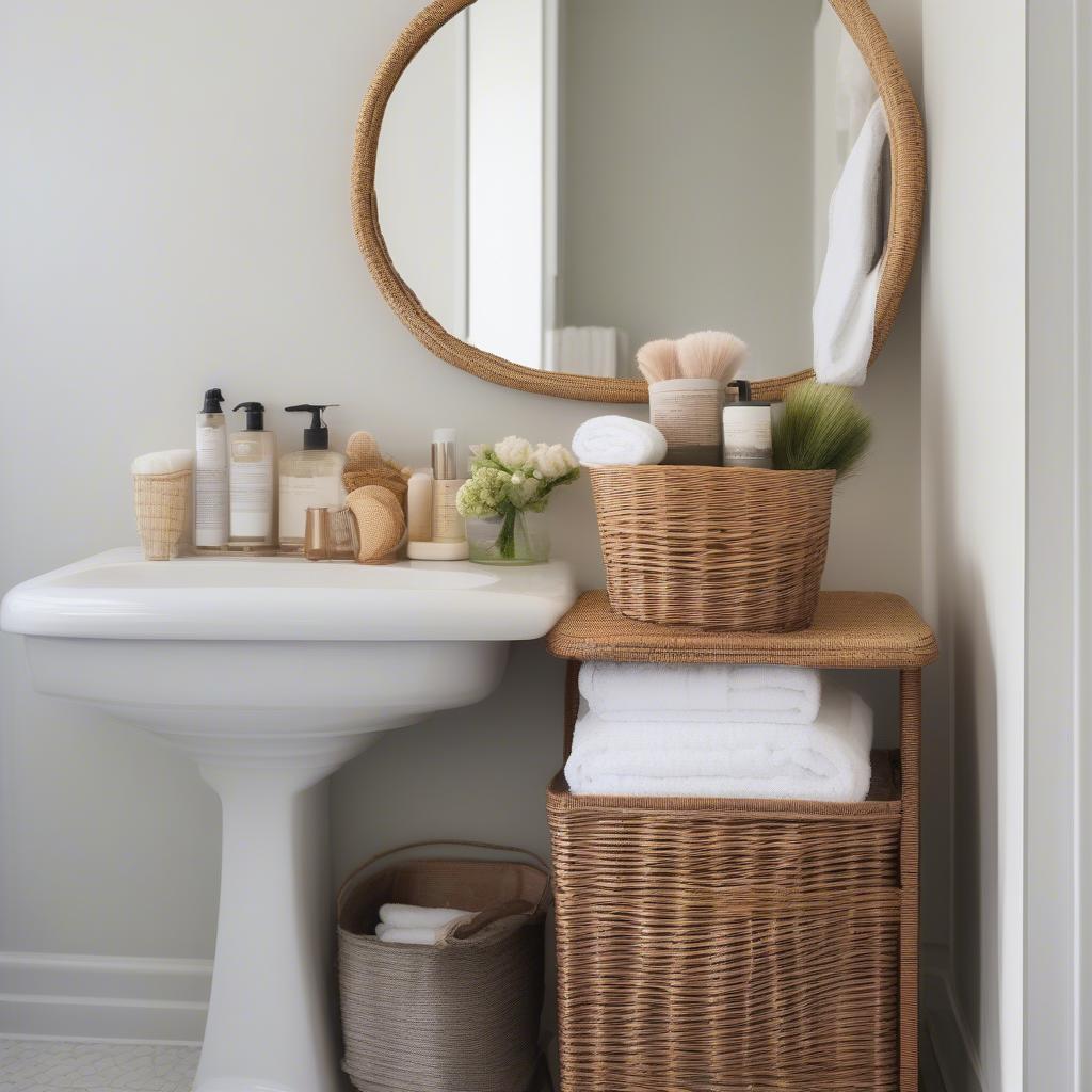 Wicker and Brass Basket in a Bathroom