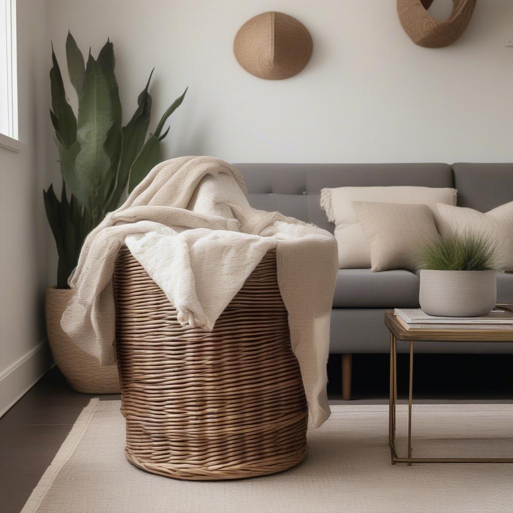 Wicker and Brass Basket in a Living Room Setting