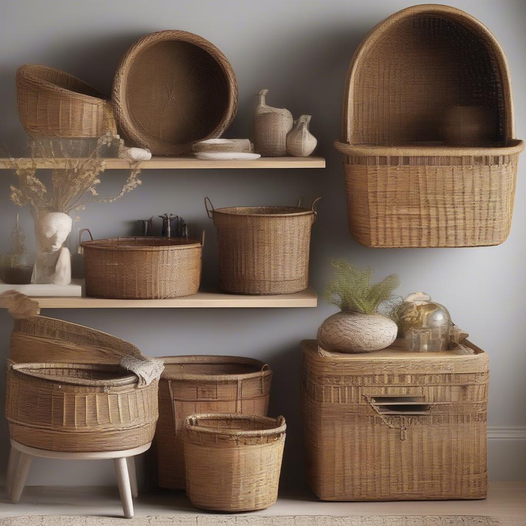 Different Sizes and Shapes of Wicker and Brass Baskets