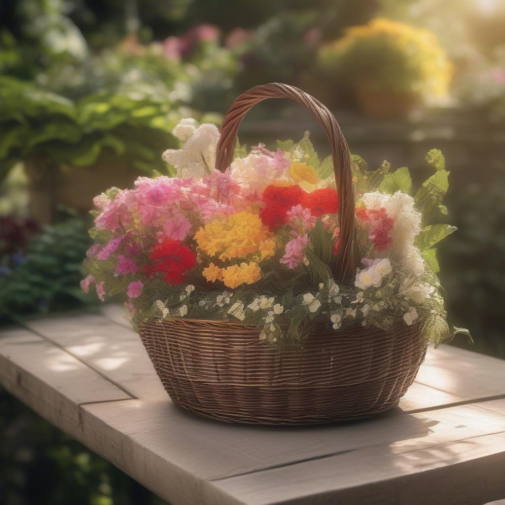 A wicker flowery weaved basket placed outdoors in a garden setting