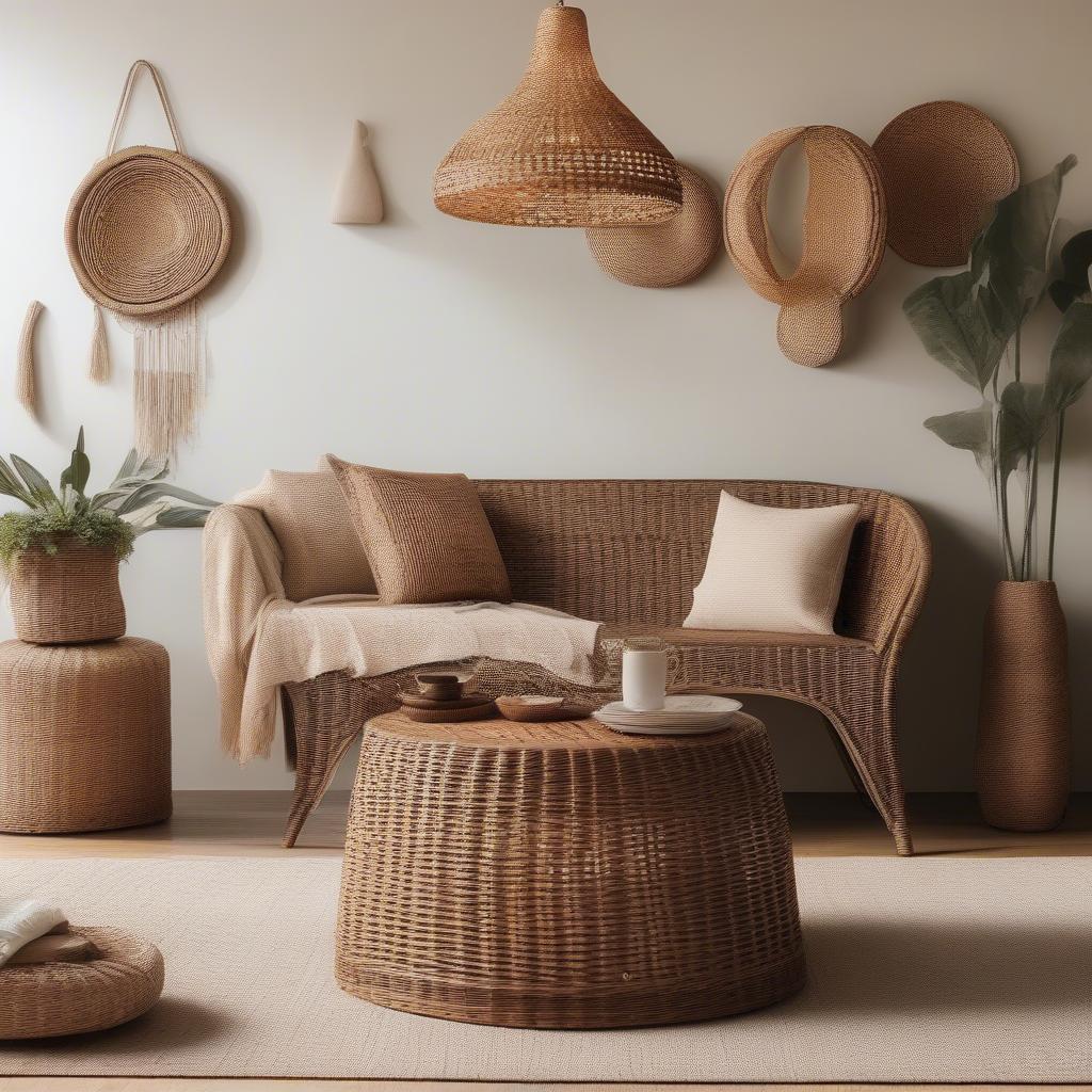 A living room featuring a wicker chair, a woven pendant light, and a decorative wicker tray on the coffee table