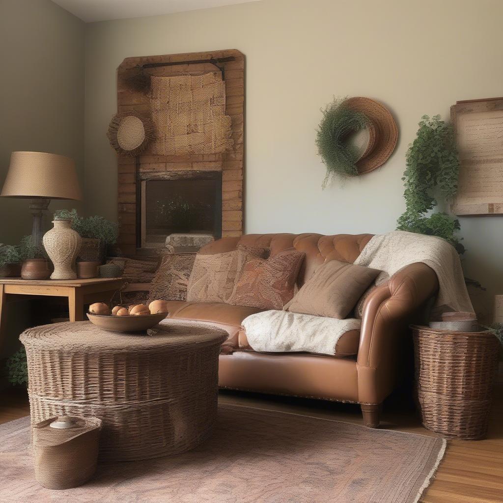 Wicker Lamp Shade in Farmhouse Living Room