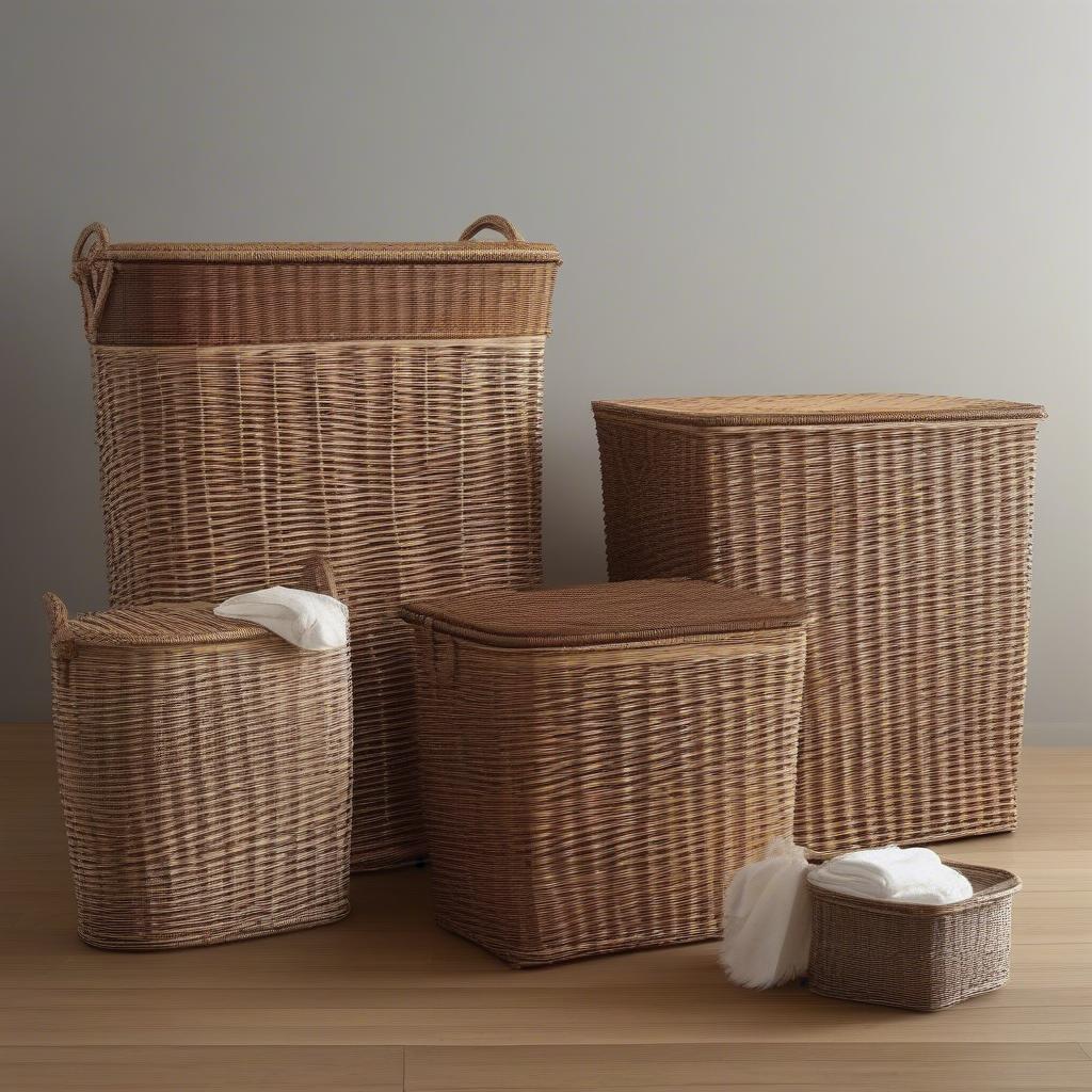 Various wicker laundry hampers in different shapes and sizes