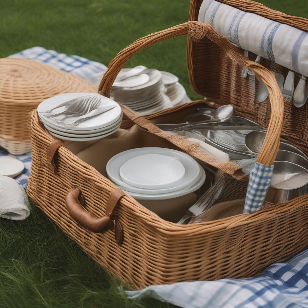 Wicker picnic basket with a complete dish set for four people, neatly arranged inside, ready for an outdoor meal.