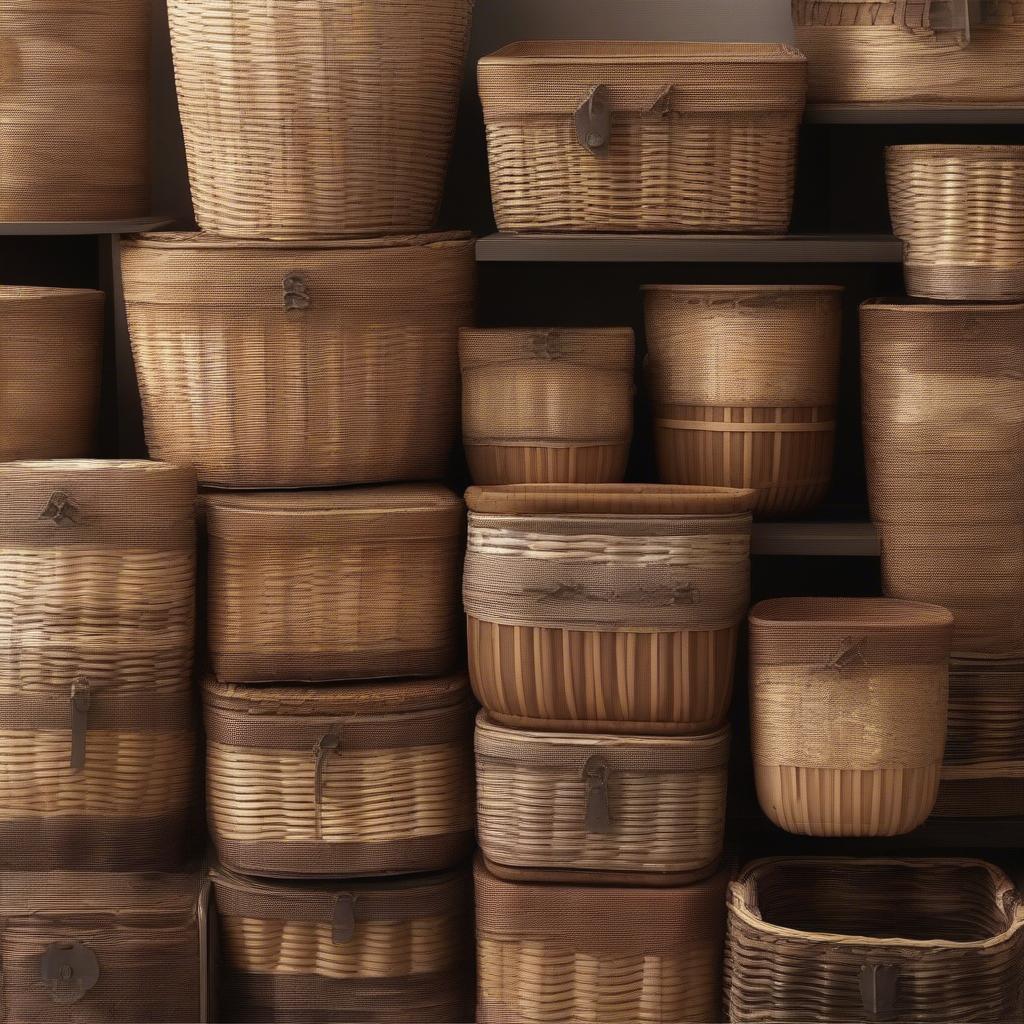 Wicker and Rattan Basket Weave Storage Containers in various sizes and shapes for organizing different items.