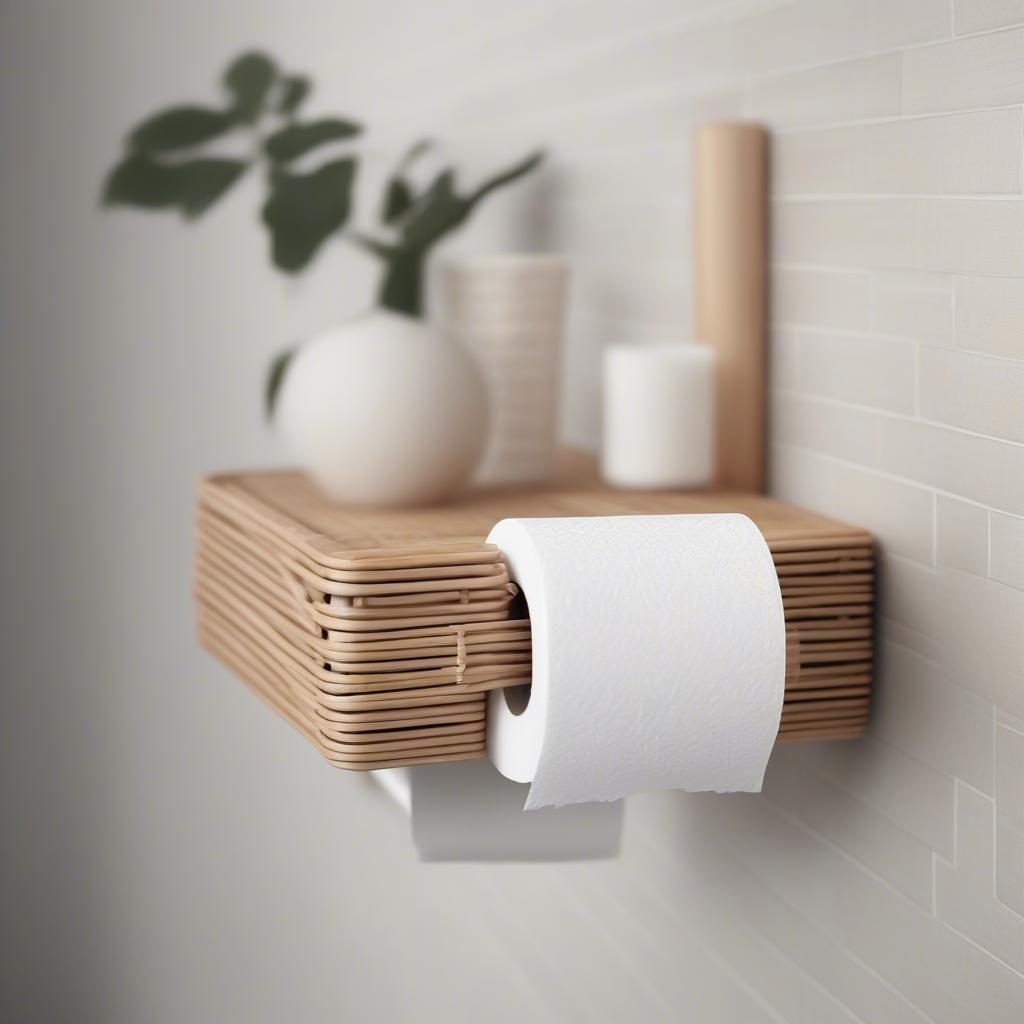 Wicker toilet paper holder adding a rustic touch to a modern bathroom.