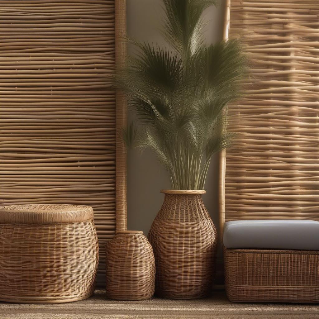 Close-up comparison of wicker and rattan materials, highlighting their texture and color differences.