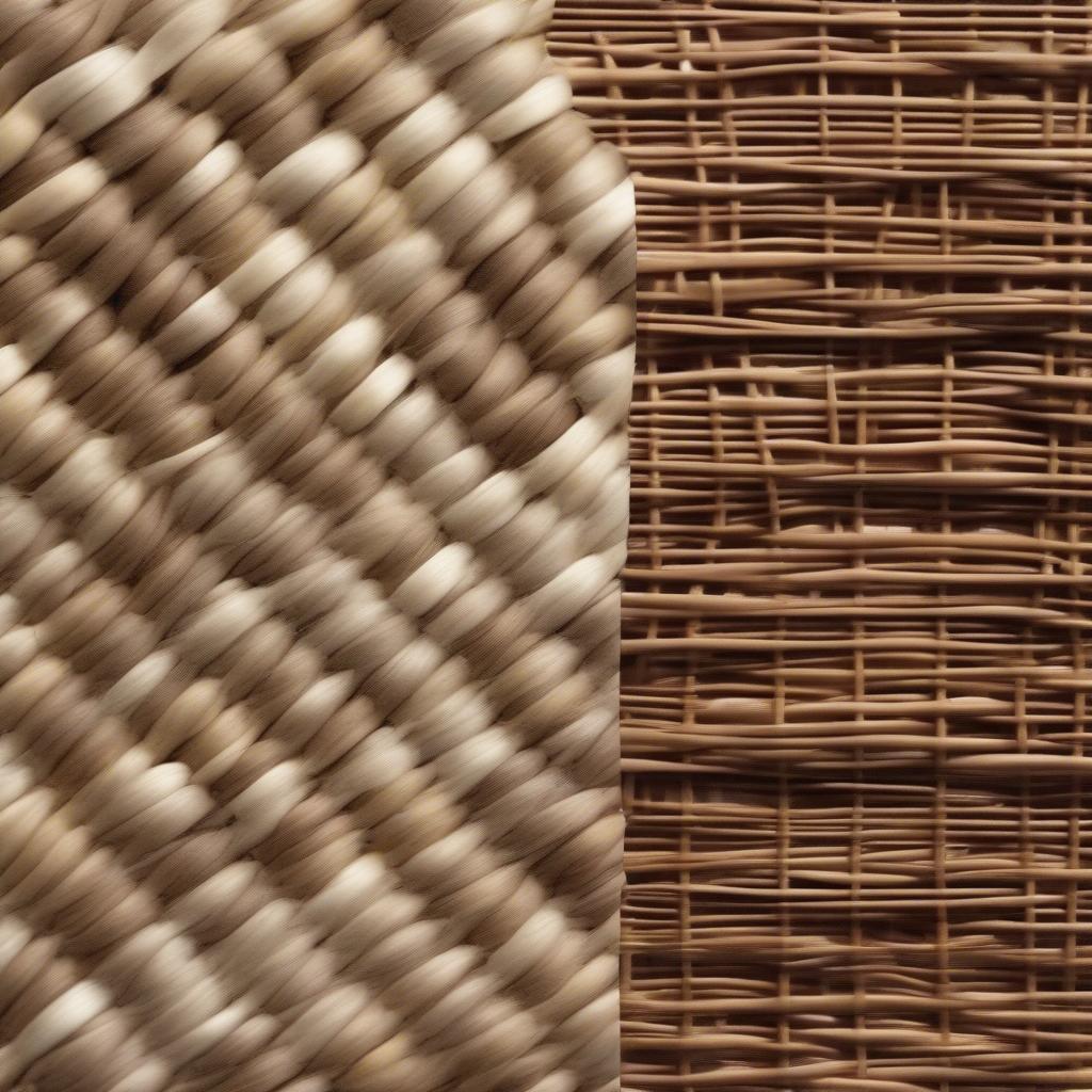 Side-by-side comparison of wicker and rattan materials, highlighting their texture and color differences.