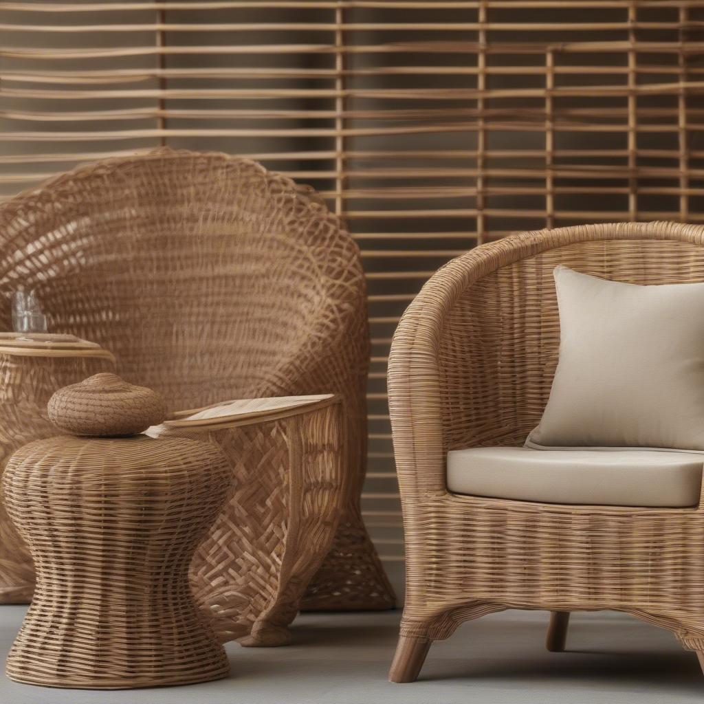 Wicker vs. Rattan Comparison: Illustrates the key differences between wicker and rattan materials, showcasing their unique textures and applications in outdoor furniture.