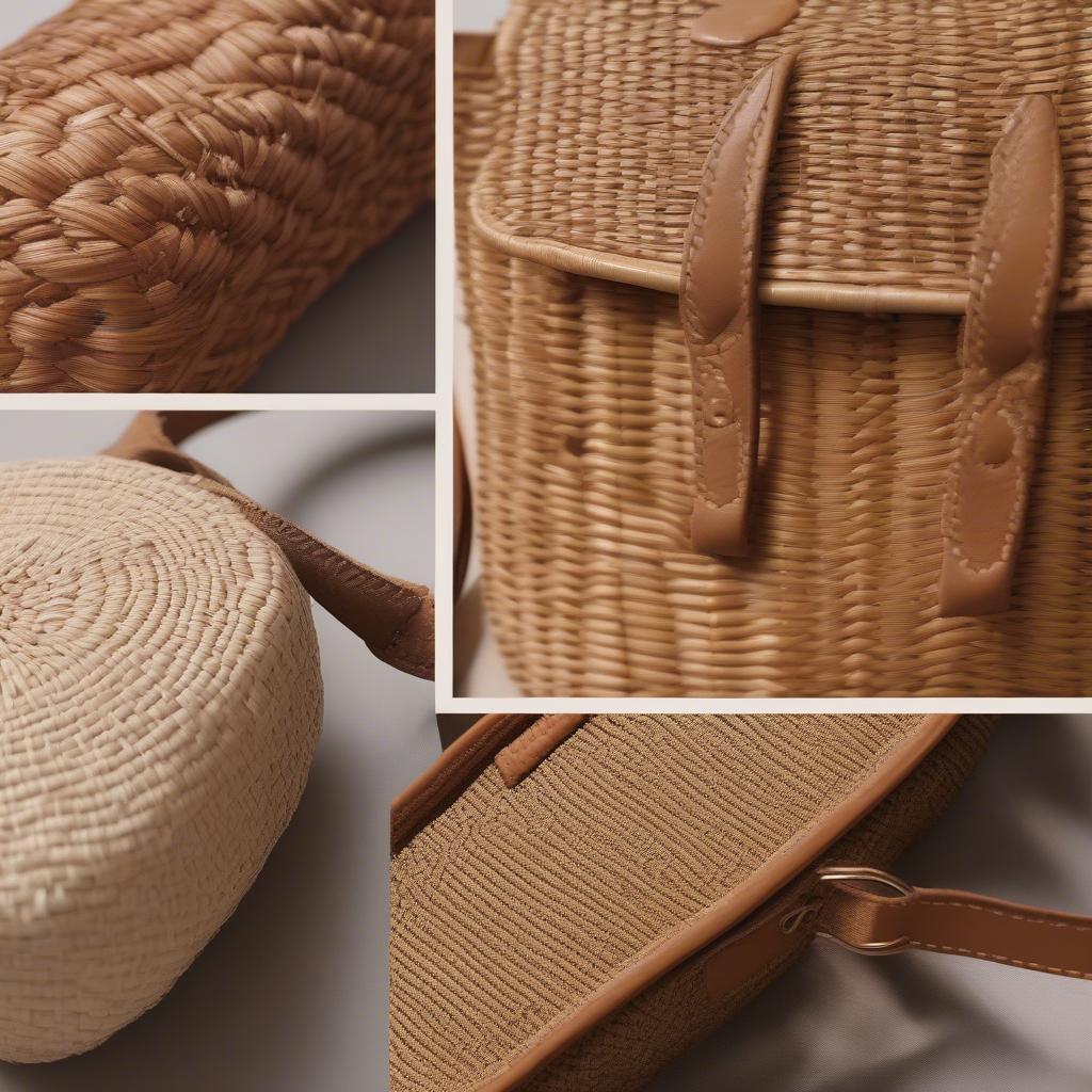 Close-up comparison of wicker and rattan Pasadena mini woven crossbody bags