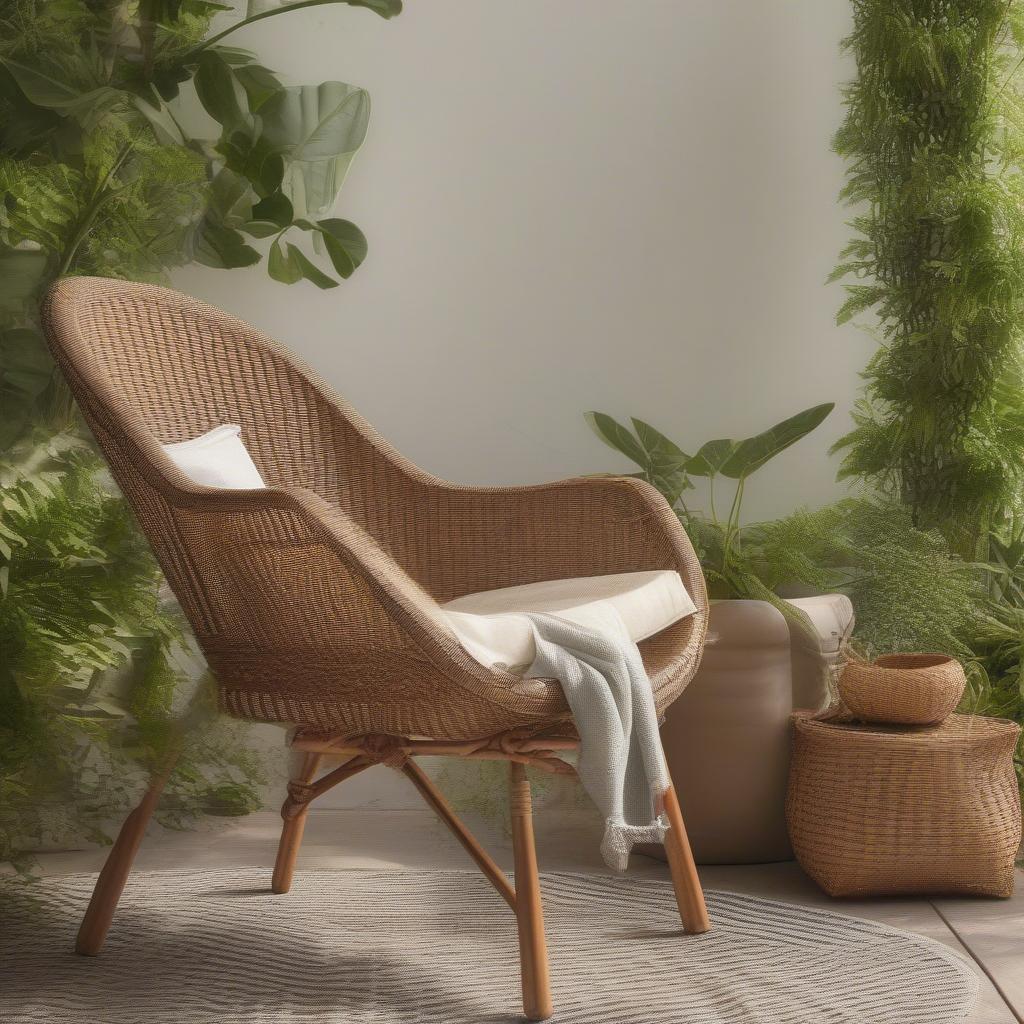 Wicker weave chair placed on an outdoor patio, surrounded by lush greenery and showcasing intricate weaving details.