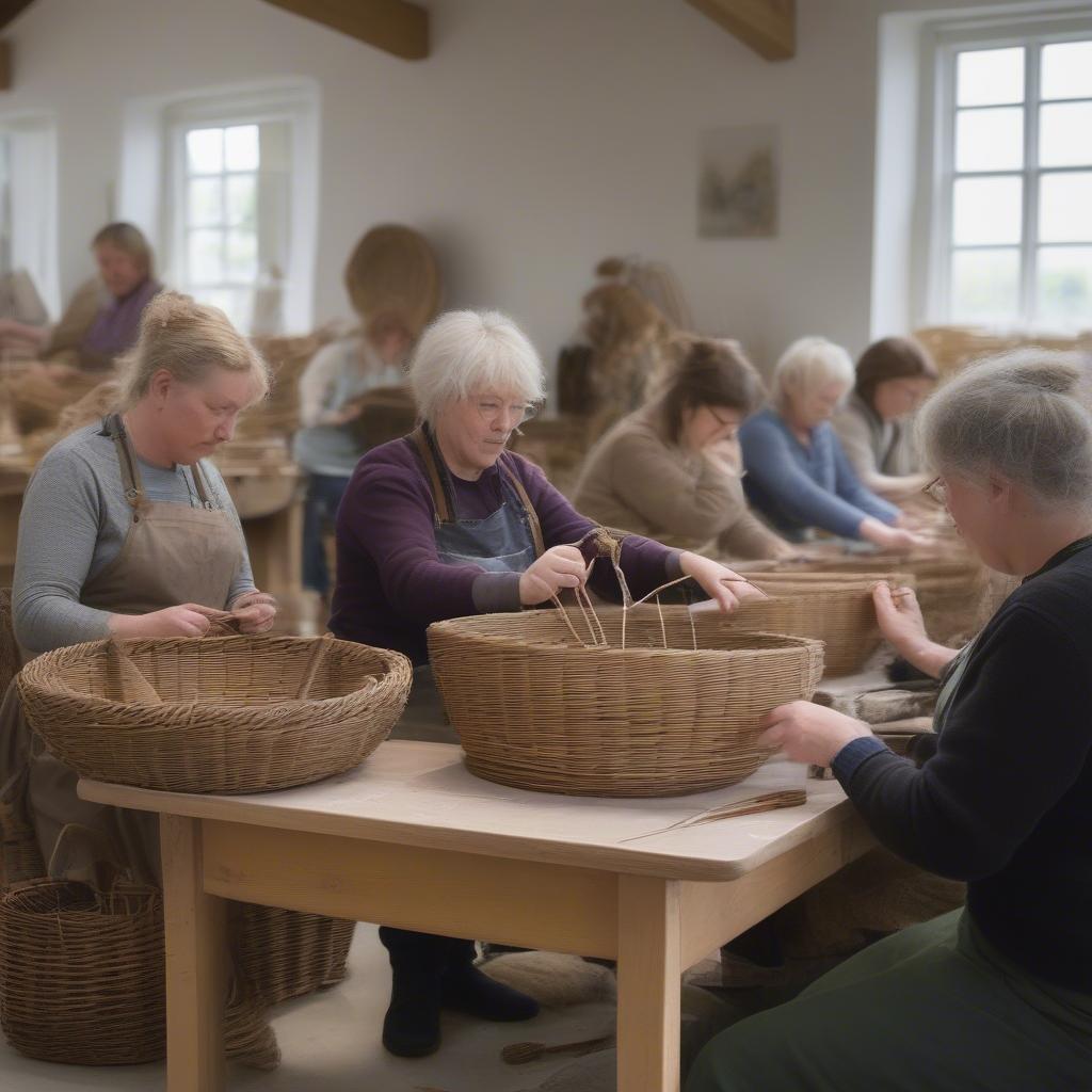 Participants learning basket weaving in a Wicklow workshop