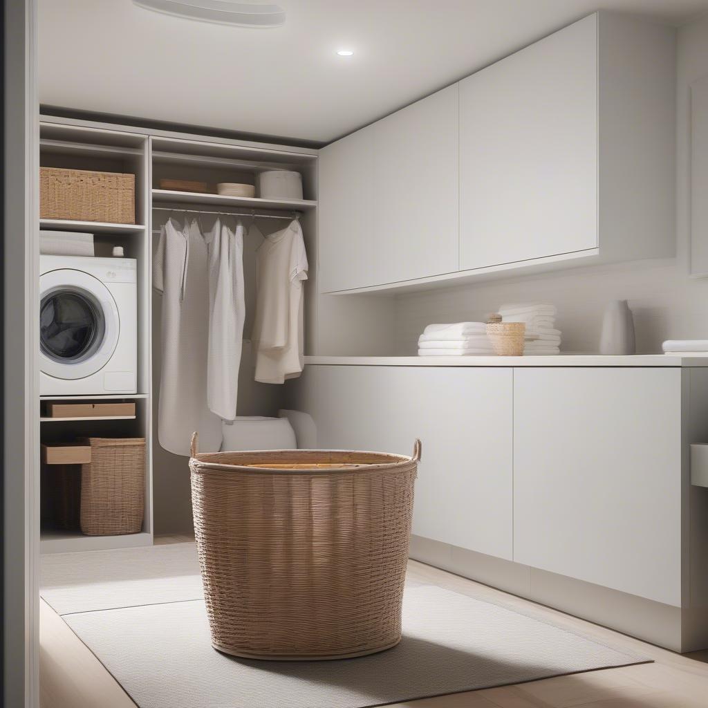 A wide weave laundry basket placed in a modern laundry room, complementing the overall decor.