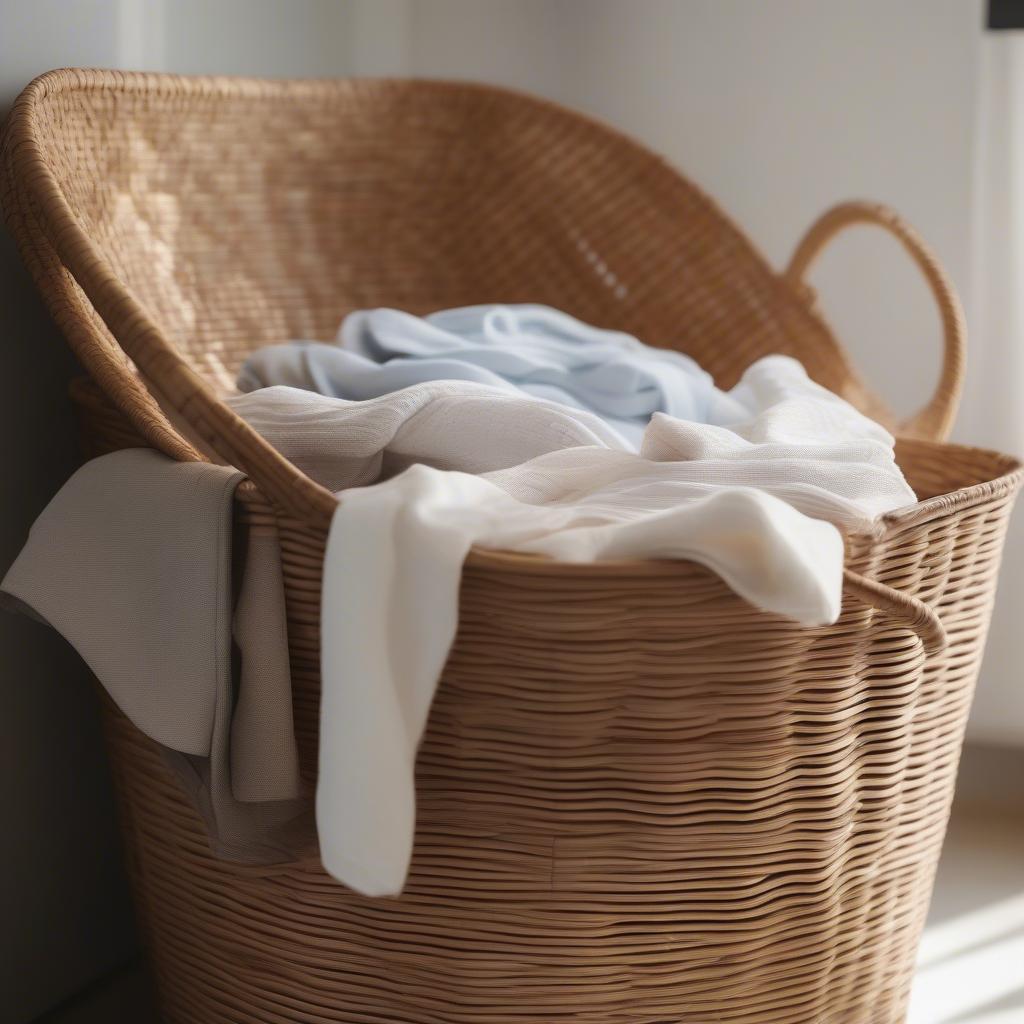 Wide weave laundry basket made of natural rattan, displaying its airy design and ample storage capacity.