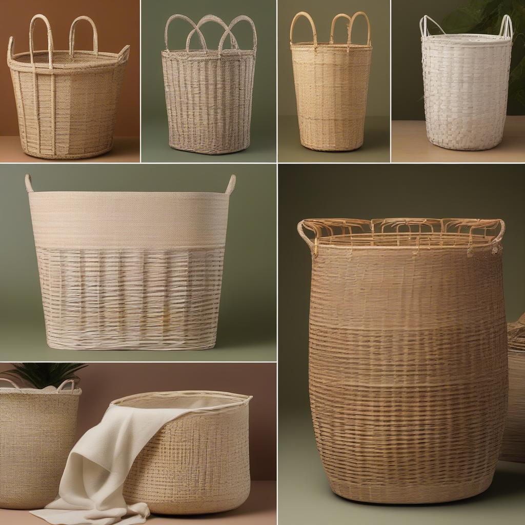 Different styles of wide weave laundry baskets, showcasing various materials, sizes, and shapes.