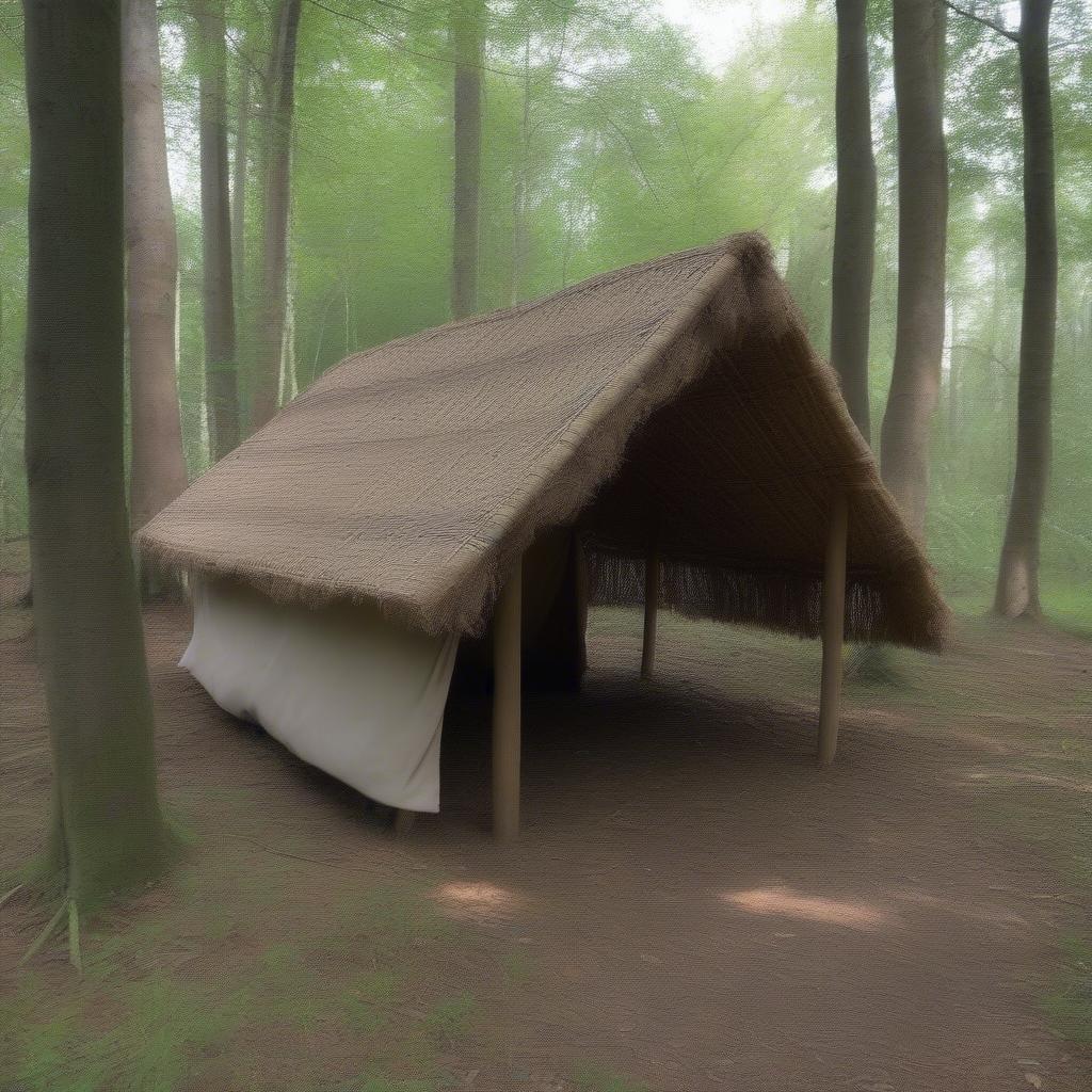 Building a wilderness shelter using woven mats.