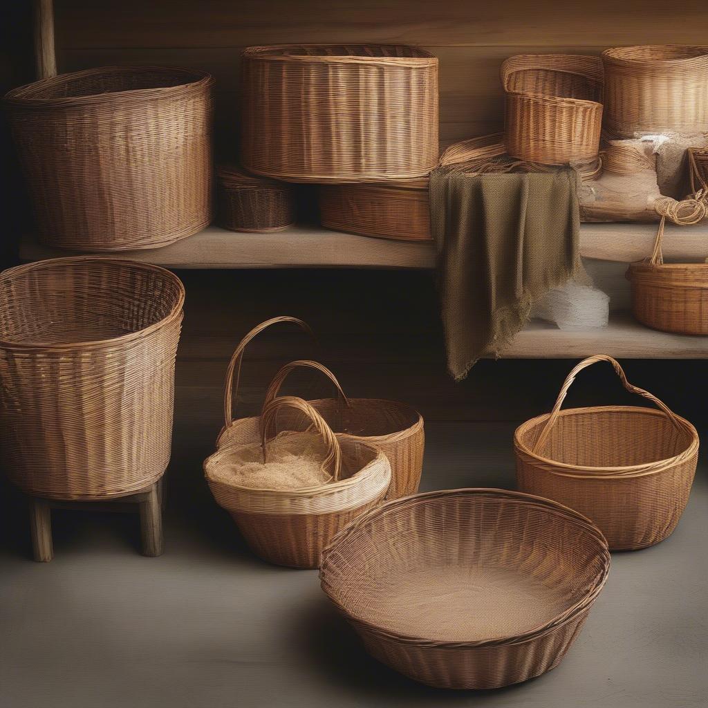 Various willow baskets being cleaned and stored properly.