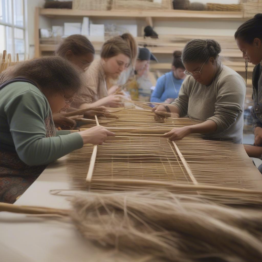 Students learning willow basket weaving in a Scottish workshop