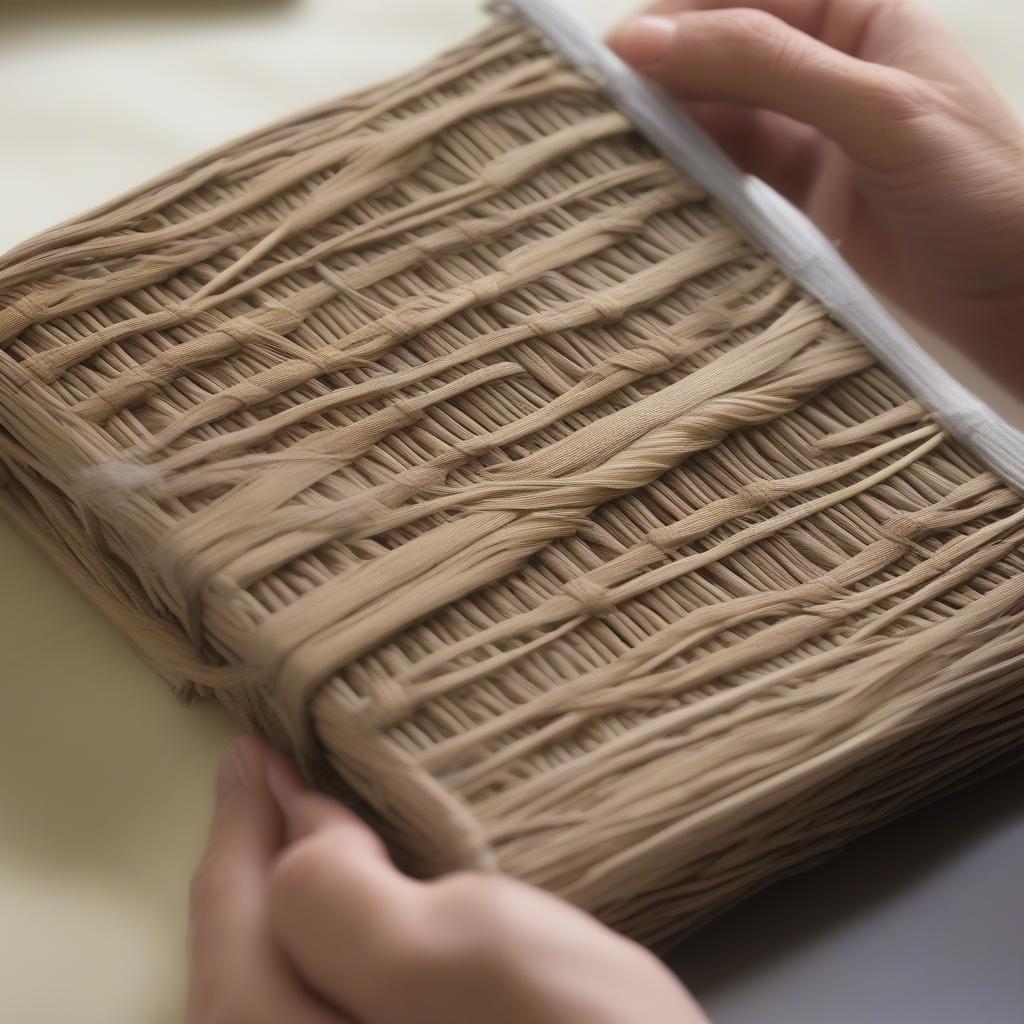 Close up of a willow basket weaving DVD showing hands demonstrating a weaving technique