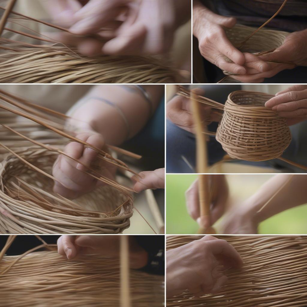 Step-by-step demonstration of the willow basket weaving process, showing various weaving techniques.