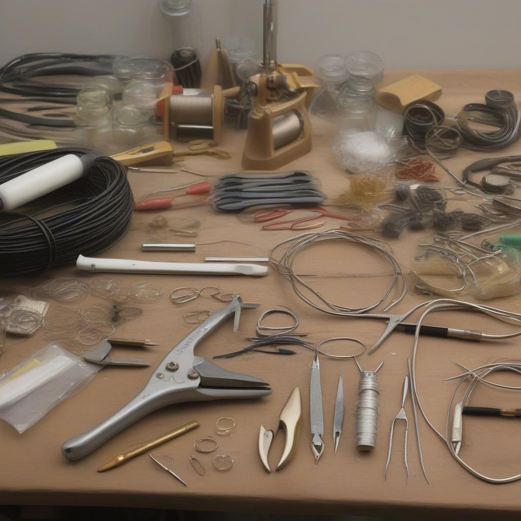 Tools and materials used in creating a wire basket weave pendant including pliers, wire cutters, and various gauges of wire.