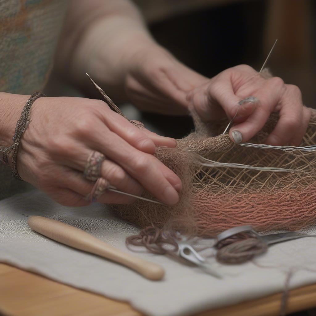 Close-up of hands creating a wire wrapped basket weave bracelet