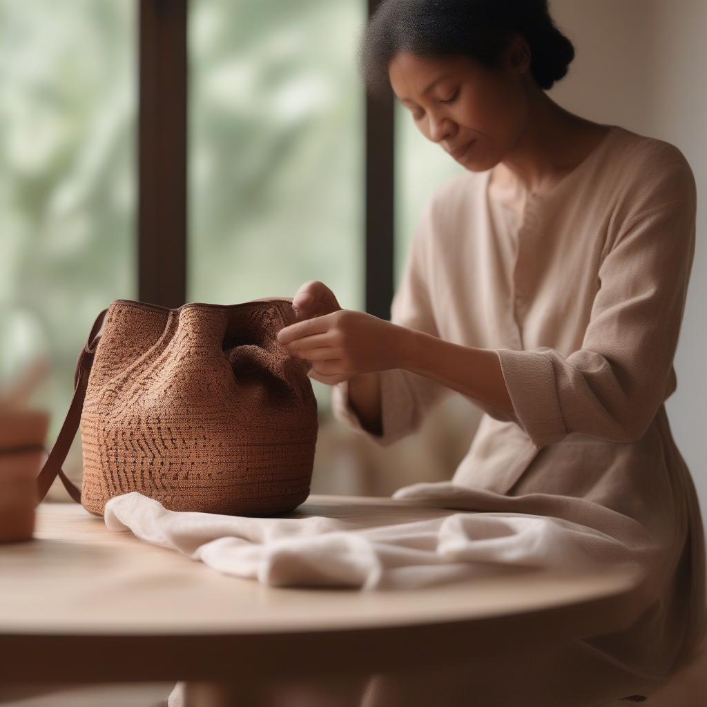 Woman Caring for Brown Weave Bucket Bag