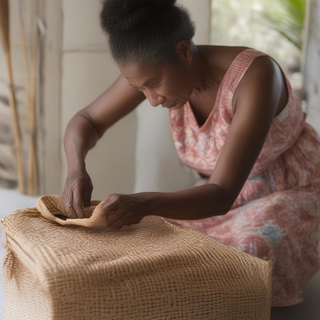 A woman carefully cleaning her Bahamas woven bag with a soft brush.