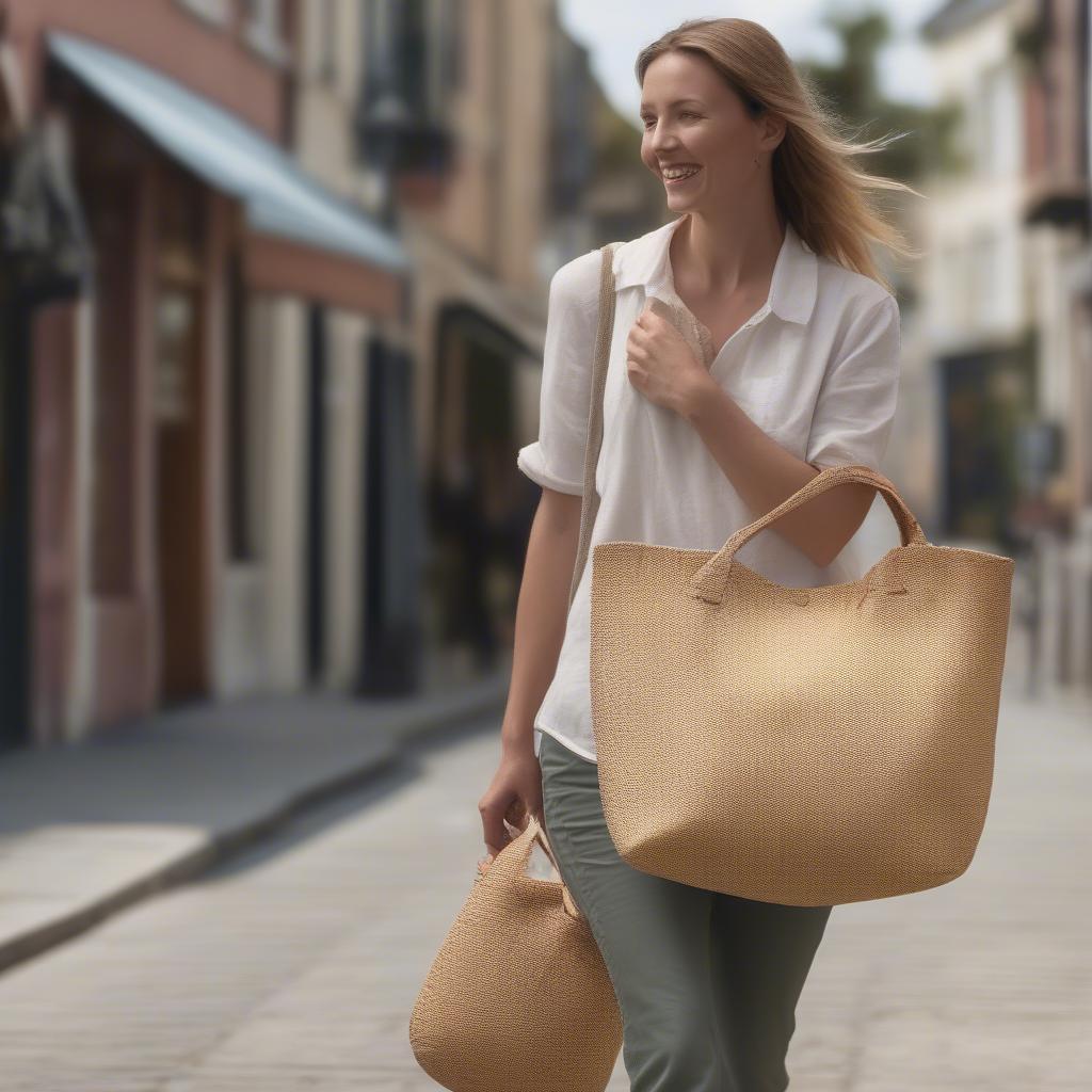 A Woman Carrying a Montego Woven Bag While Walking Down a Sunny Street