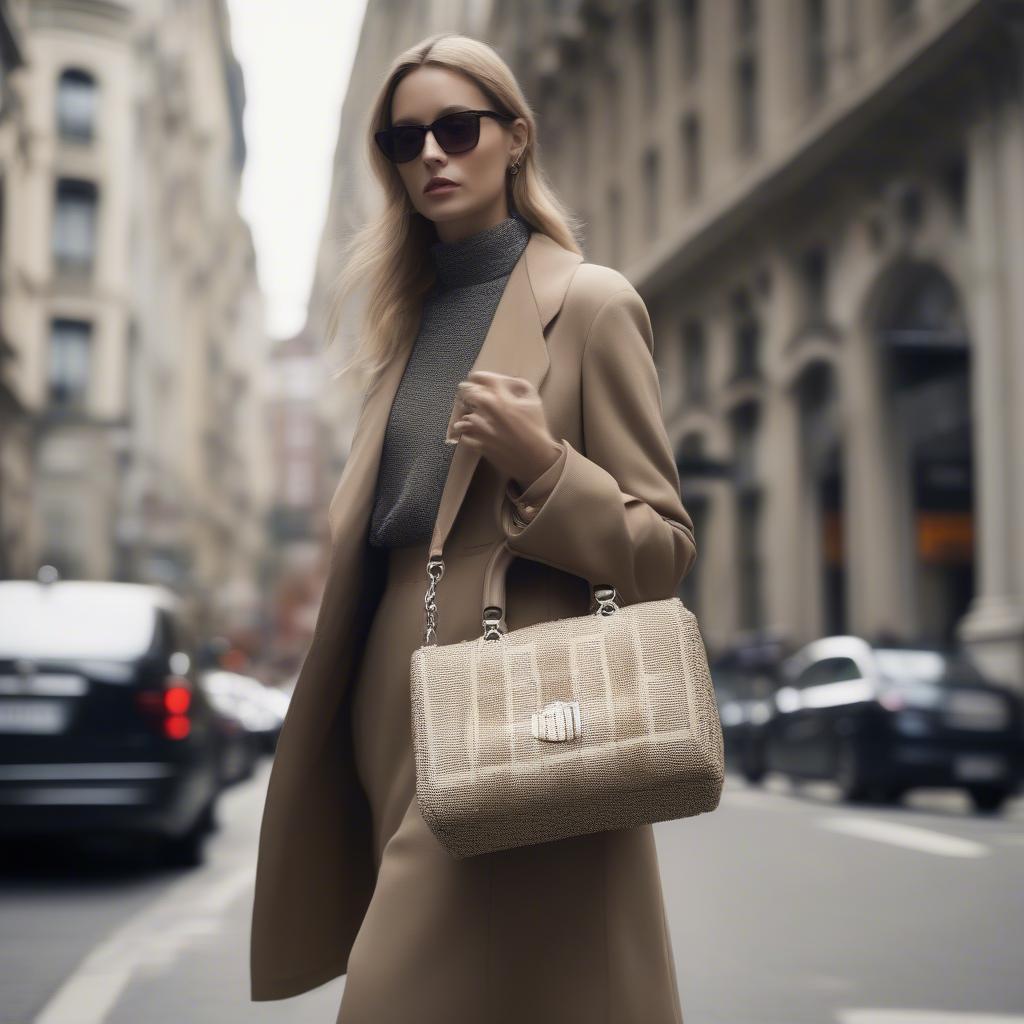 Woman Carrying a Woven Christian Dior Bag