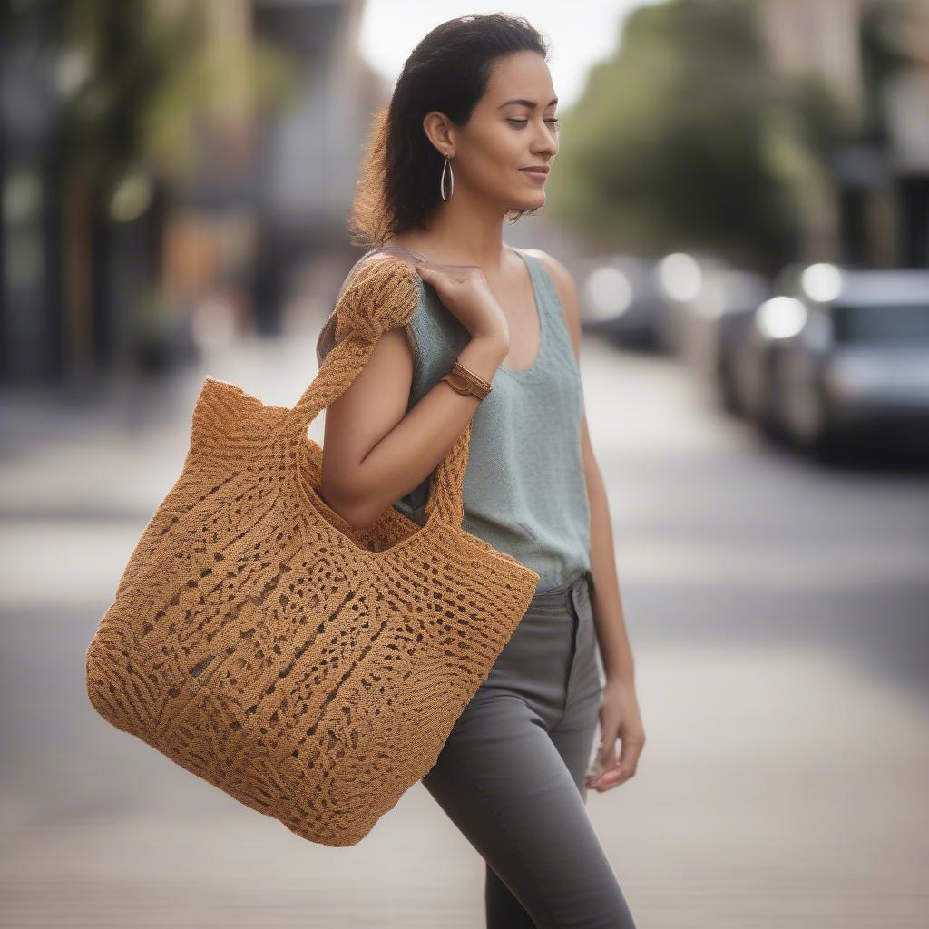 Woman stylishly carrying a woven macrame tote bag