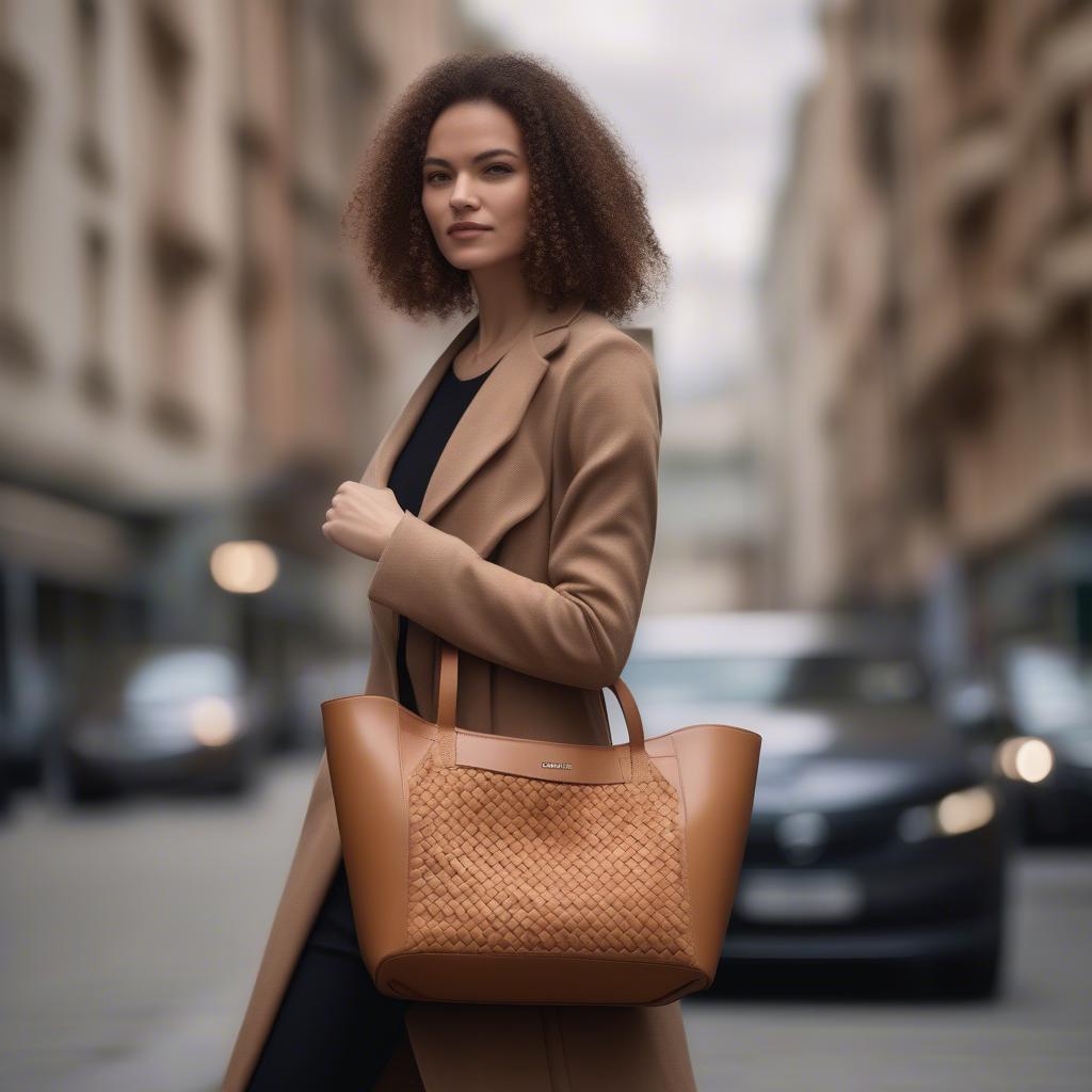 Woman Carrying an Aigner Woven Bag - Street Style