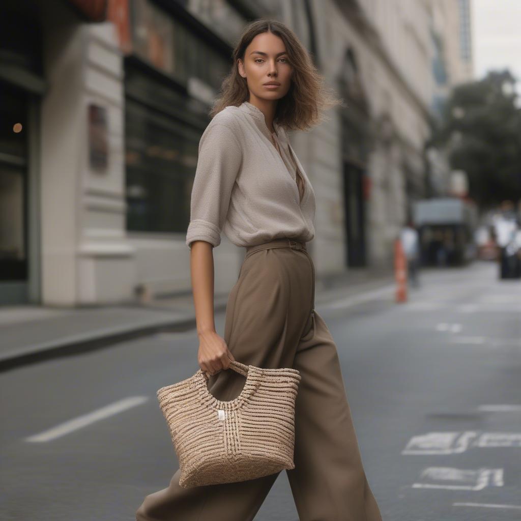 A woman stylishly carrying an aje woven bag on a city street