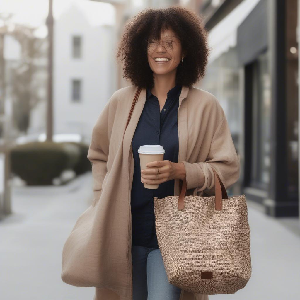 Woman Carrying the Amuseable Coffee-to-Go Woven Bag