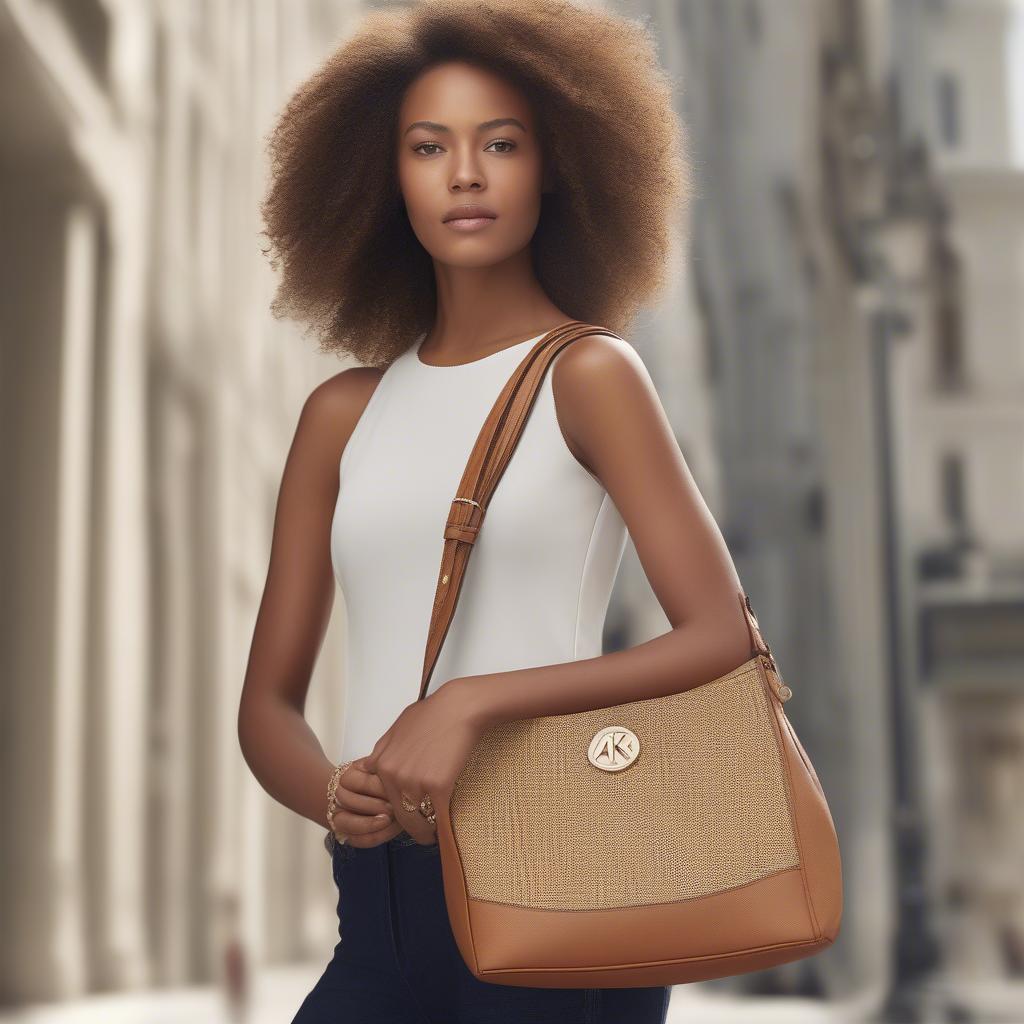 Woman carrying an Anne Klein woven shoulder bag