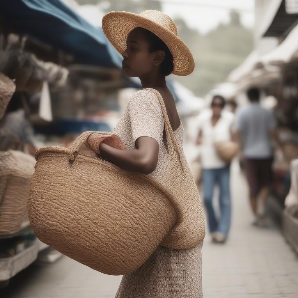 A woman stylishly carrying a bag woven basket while shopping.