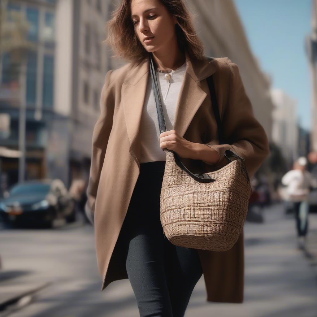 A woman stylishly carries a Berkeley woven bucket bag while strolling down a city street.