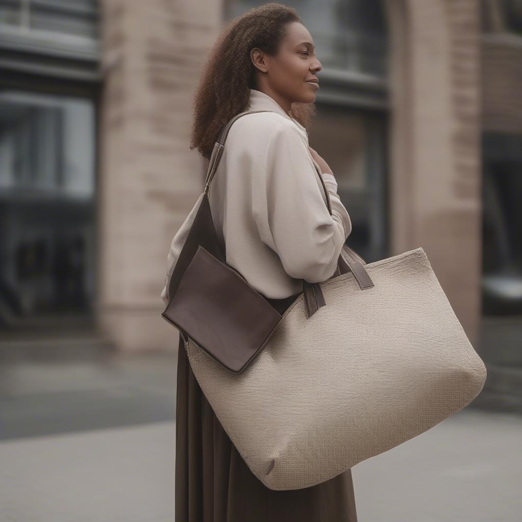 Woman Carrying a Big Woven Bag