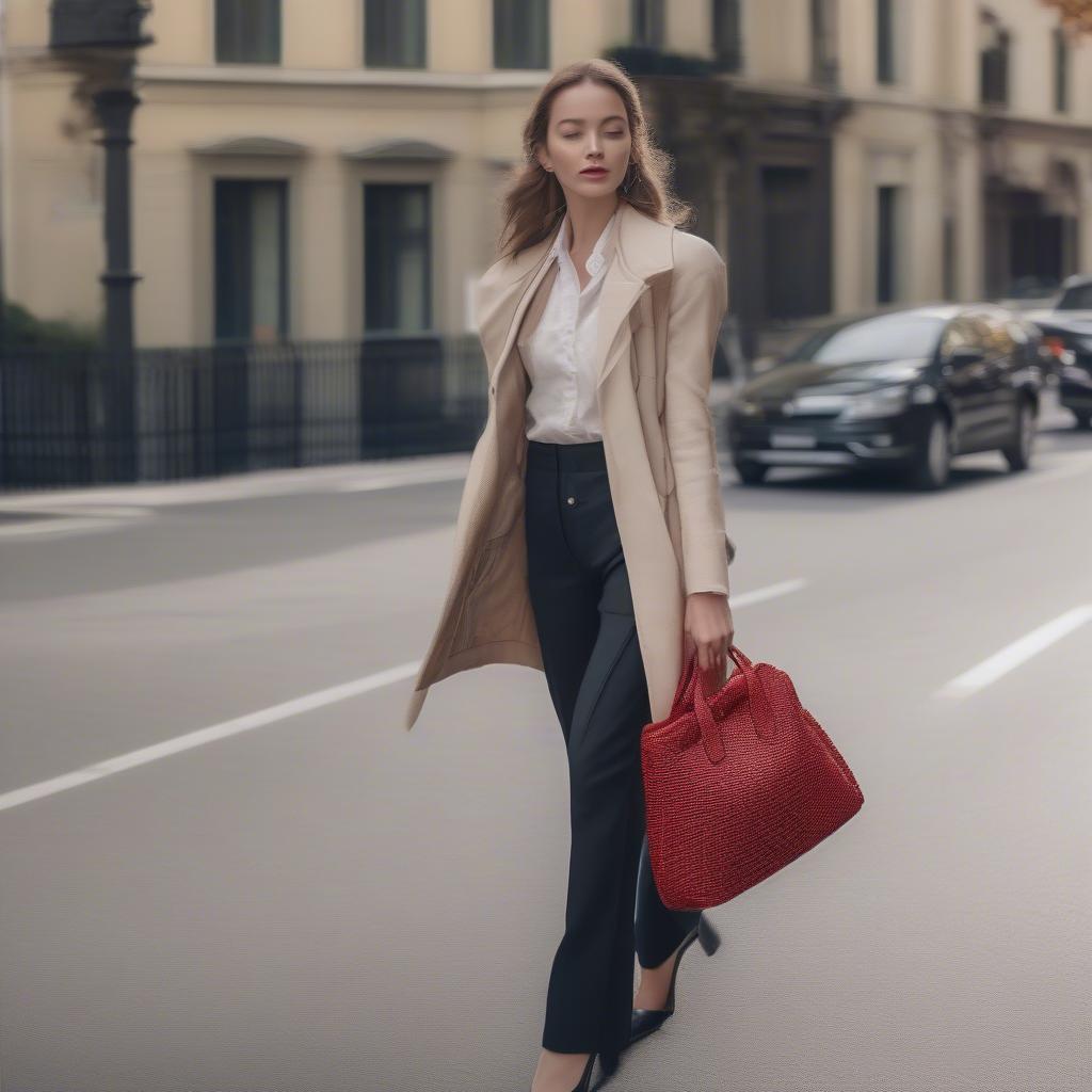 A woman elegantly carries a bottega red woven bag, showcasing its versatility and style.