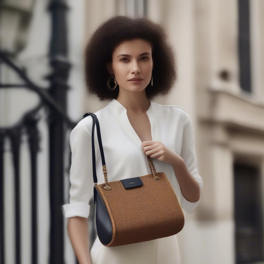 A stylish woman carrying a Carolina Herrera woven bag, showcasing its versatility and elegance in a everyday setting.